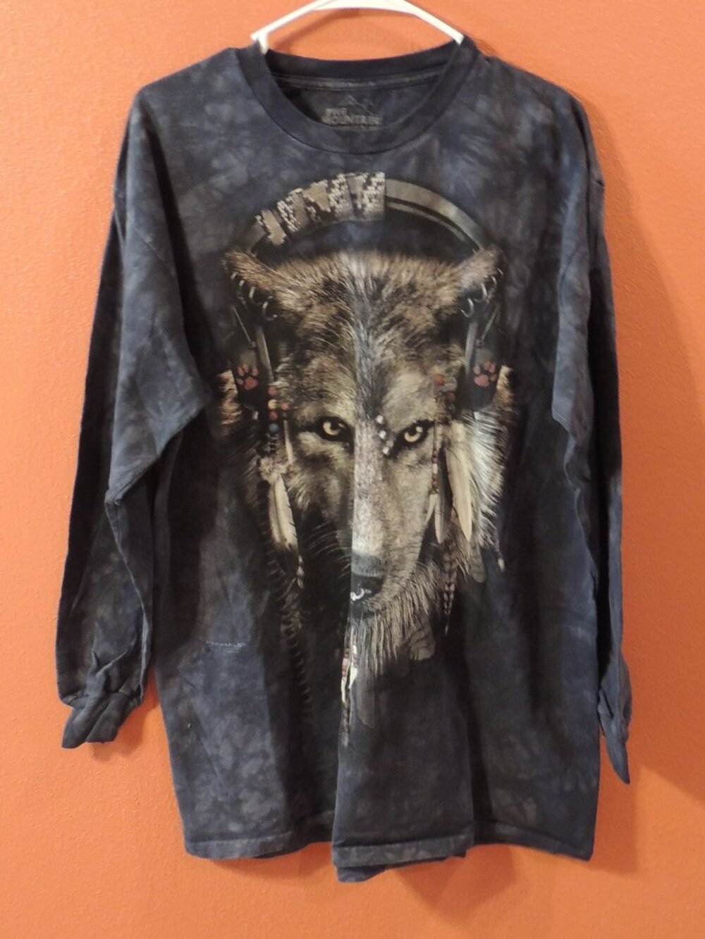 Indian Wolf Shirt The Mountain Woman Large Blue Black Brown Long Sleeve Shirt